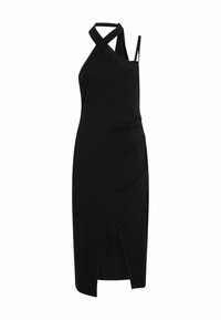 Zwarte mouwloze jurk met een crossover halternek, gerimpelde zijdetails en een asymmetrische zoom met een hoge split tot aan de bovenbeen.