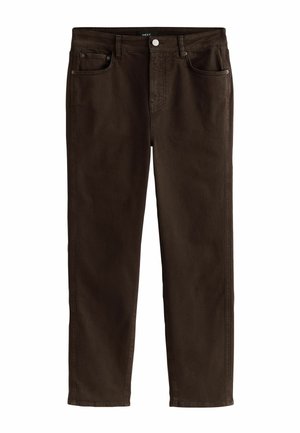Brown denim jeans with a straight-leg design, featuring front pockets, a small coin pocket, and a metal button closure.