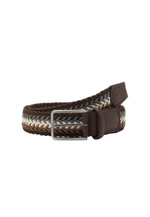 Braided elastic fabric belt in brown, beige, and gray tones with dark brown leather ends and a silver rectangular buckle.
