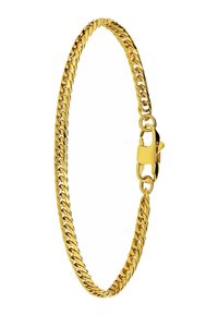 Gouden kettingarmband, met een brede schakels ontwerp en een gladde, glanzende textuur. Voorzien van een veilige karabijnsluiting.