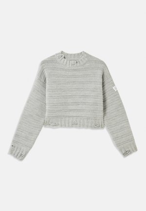Light grey cropped sweater with ribbed texture, long sleeves, and distressed edge details. Features a round neckline and horizontal stripes.