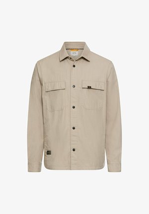 Beige jas met knopen, een kraag, twee borstzakken en zwarte knopen; gemaakt van textuurstof; voorzien van een merklabel aan de zoom.