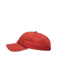 Red baseball cap made from fabric, featuring a rounded crown, stitched detailing, and a curved brim. No visible logo or patterns.