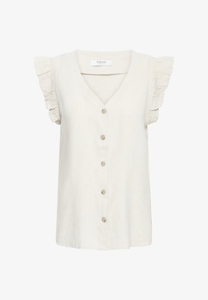 Kermanvärinen lyhythihainen pusero, jossa V-kaula-aukko, viisi etunappia ja röyhelökoristelu hihoissa.