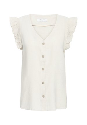 Blouse crème à manches courtes avec col en V, cinq boutons sur le devant et détails à volants sur les manches.