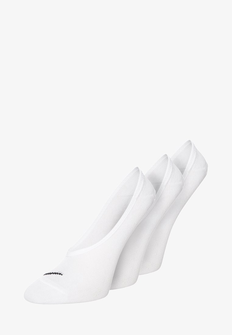 Three pairs of low-cut white socks, made of a breathable knit material, featuring a black accent stripe on the toe for detail.