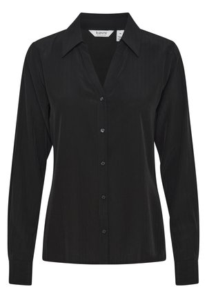 Musthave pikka pikkade varrukatega pluus V-kaelusega, nööpidega esiküljel ja peene vertikaalse soonikstruktuuriga. Omab kraega kaelust ja mansetiga varrukaid.