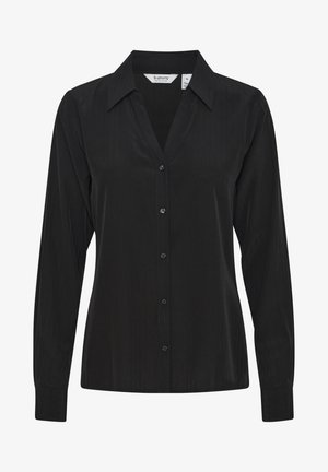 Musthave pikka pikkade varrukatega pluus V-kaelusega, nööpidega esiküljel ja peene vertikaalse soonikstruktuuriga. Omab kraega kaelust ja mansetiga varrukaid.