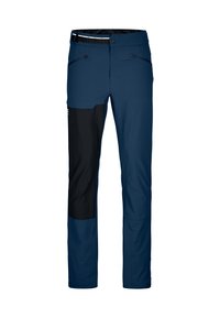 Blue pants with black accents, featuring a smooth texture, two side pockets with zippers, and a fitted waistband with a belt.