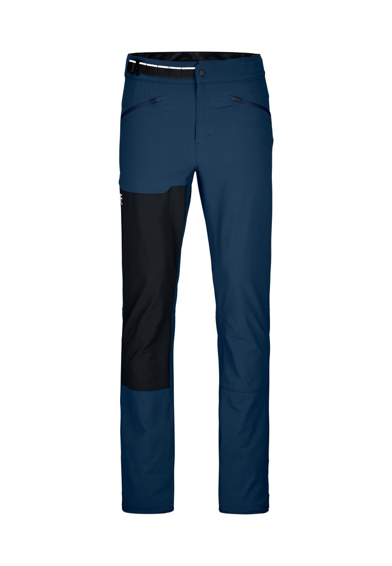 Blue pants with black accents, featuring a smooth texture, two side pockets with zippers, and a fitted waistband with a belt.