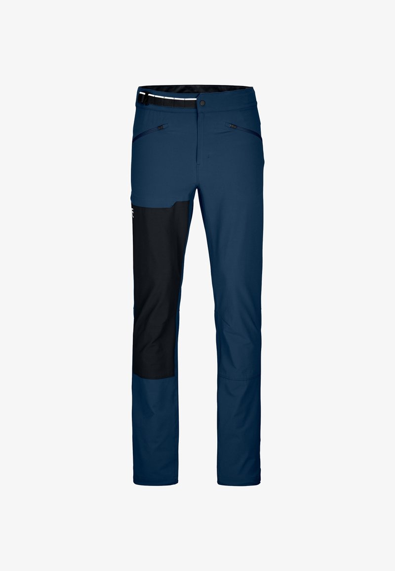 Blue pants with black accents, featuring a smooth texture, two side pockets with zippers, and a fitted waistband with a belt.