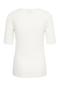 White ribbed knit top with a round neckline, short sleeves, and vertical texture, featuring a fitted design and clean hemline.