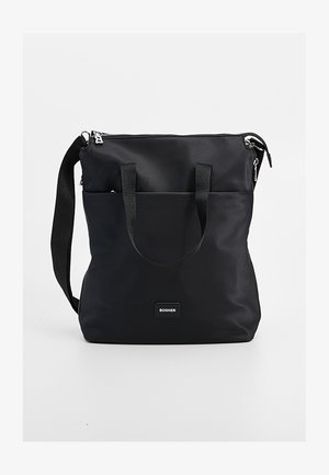 Zwarte rechthoekige schoudertas met dubbele handvaten, een ritssluiting aan de bovenkant, een voorvak en het "Bogner" logo op het voorpaneel.