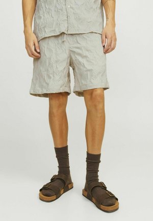 Lys grå teksturerede shorts med elastisk talje, parret med mørkebrune sandaler og ribbede sokker. Shortsene har et rynket design.