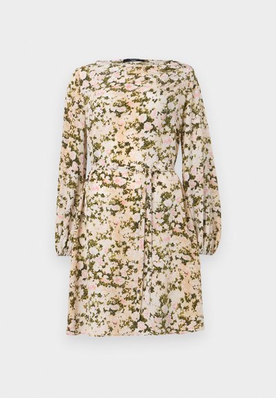 Floral dress in lightweight fabric, featuring a cream base with pink and green floral pattern, long sleeves, and a tied waist detail.