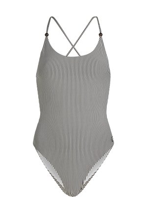 Pruhovaný celkový plavky v čierno-bielej farbe, s tenkými krížovými ramienkami a vysokým strihom na nohách. Hladká textura, bez ozdôb.