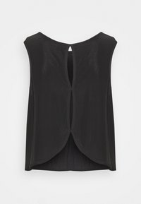 Černé tílko bez rukávů s kulatým výstřihem, zdobené klíčovou dírkou na zádech a zaobleným lemem. Vyrobené z hladké, elastické látky.