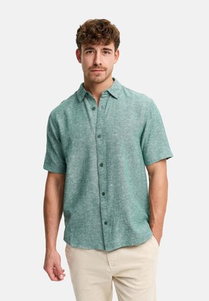 Mann mit hellbraunen lockigen Haaren, trägt ein grünes Kurzarmhemd und beige Hose, steht mit einer Hand in der Tasche.