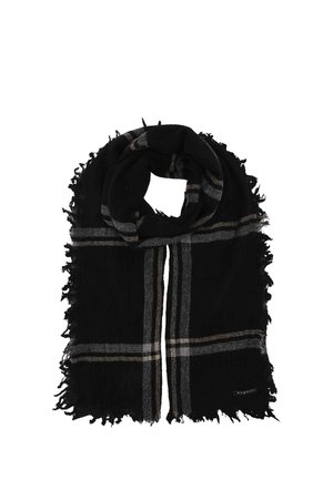 Black scarf with gray and beige plaid stripes, fringed edges, and a small brand label on one corner.