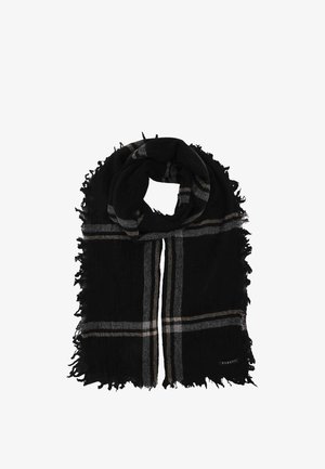 Black scarf with gray and beige plaid stripes, fringed edges, and a small brand label on one corner.