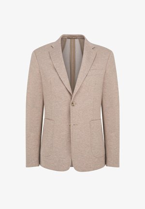 Beżowa marynarka z teksturowanym splotem, z dwoma przednimi kieszeniami, zapięciem na jeden guzik i klapami. Wnętrze niepodszewkowane.