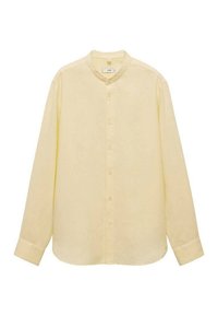 Lichtgele langemouwen shirt met een bandkraag, knopen aan de voorkant en een rechte zoom. Gemaakt van zachte stof met een gladde textuur.