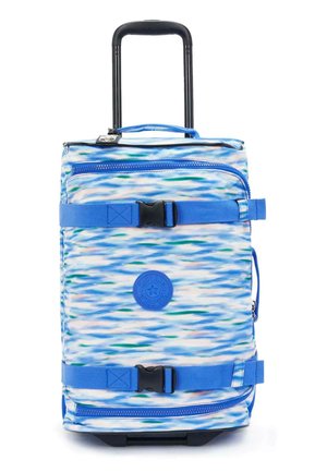 Rolling backpack in blue with a wavy pattern, made of fabric. Features a retractable handle, adjustable straps, and an emblem on the front.
