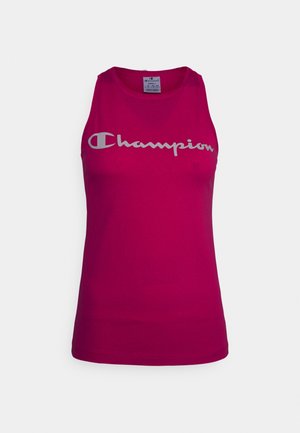 Růžové sportovní tílko bez rukávů z hladké tkaniny s výrazným bílým logem "Champion" přes hrudník.