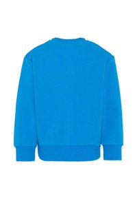 Felpa blu con collo rotondo, polsini a coste e una texture liscia. Il retro è senza motivi o accenti, presentando un colore uniforme.