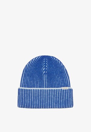 Blauwe en lichtgrijze geribbelde gebreide muts met een omslag en een klein "Joules" label op de omslag.
