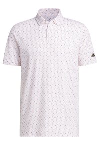 Kortærmet polo-shirt i lys pink med et mønster af små blå og ferskenfarvede former. Med krave og knaplukning, diskret branding på ærmet.