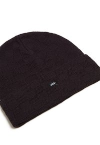 Gorro de lana negro tejido con un patrón de diamantes texturizado y vuelta en el puño. Presenta una pequeña etiqueta de logotipo rectangular en el lateral.