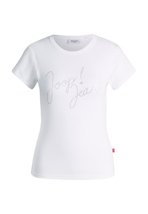 White short-sleeve ribbed t-shirt with round neckline and "Joop! Jeans" text in small rhinestones across the chest.