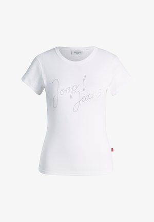 Wit geribd t-shirt met korte mouwen, ronde hals en "Joop! Jeans" tekst in kleine strassteentjes over de borst.