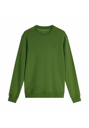 Sweat-shirt vert à manches longues avec col ras du cou, poignets et ourlet côtelés, et petite écusson brodé sur la poitrine gauche.