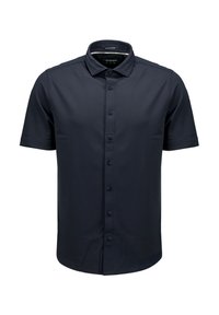 Zwart kortärmige overhemd met knoopsluiting en een klassieke kraag, gemaakt van een gladde stof, met een voorflap met zes knopen.