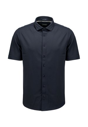 Zwart kortärmige overhemd met knoopsluiting en een klassieke kraag, gemaakt van een gladde stof, met een voorflap met zes knopen.