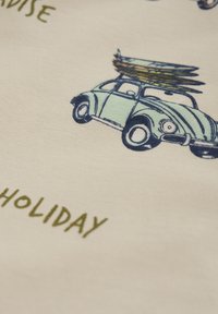 Grafische Illustration eines hellgrünen Oldtimers mit Surfboards auf dem Dach, vor einem cremefarbenen Hintergrund mit dem Wort "FERIEN" in grün.