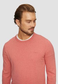 Roza pletena džemper s okruglim izrezom, dugim rukavima i suptilnim logom na prsima. Glatka tekstura i prilagođen dizajn.