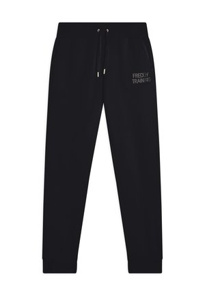 Pantaloni da tuta neri in cotone con vita elastica, cordino, tasche laterali e polsini a costine. Presenta il logo "FREDDY TRAINING" in cuciture metallizzate.