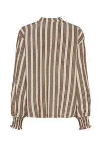 Langærmet bluse med brune og cremefarvede lodrette striber, høj krave og indsamlede manchetter med elastisk detalje.