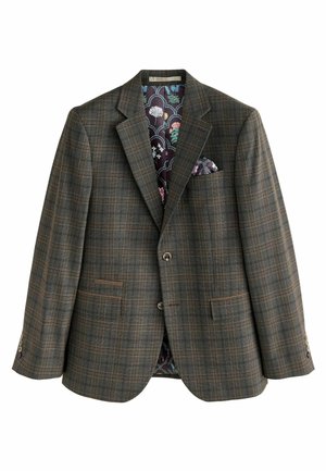 Blazer cu carouri maro, dotat cu două buzunare frontale, revere stil notch și sistem de închidere cu nasturi. Interior căptușit cu un model floral și detalii cu batista de buzunar.