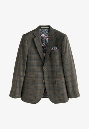 Brown plaid blazer with two front pockets, notch lapels, and button closure. Floral patterned interior lining and pocket square detail.