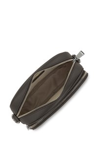 Portafoglio in pelle marrone con doppia cerniera e dettagli in argento. Interno con una fodera liscia di colore marrone chiaro. Design compatto e rettangolare.