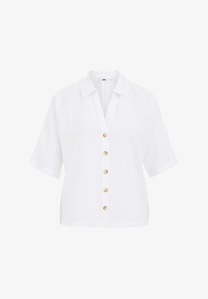 Chemise blanche à manches courtes avec col, dotée d'un devant boutonné et de boutons en bois. Fabriquée en tissu léger, coupe décontractée.