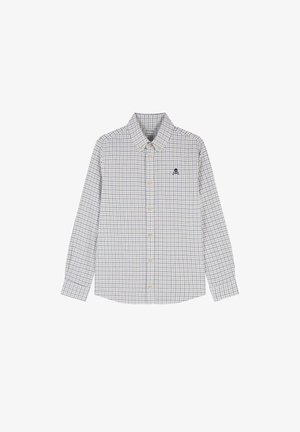 Camicia a maniche lunghe in tessuto leggero, con un motivo a scacchi blu e bianco, e un logo a skull ricamato sul petto.