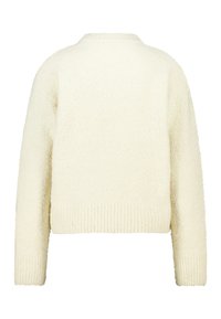 Maglione color crema con una texture morbida e pelosa, spalle a caduta e orlo a costine. Design semplice con colletto a giro e senza motivi visibili.