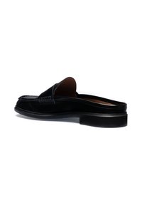 Black leather loafers with a smooth finish, slip-on design, low-profile sole, and woven detailing on the front for added texture.