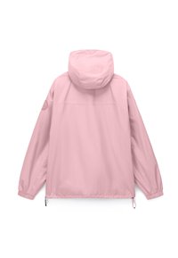 Ελαφρώς ροζ μπουφάν με κουκούλα, μακριά μανίκια, ελαστικά τελειώματα και ρυθμιζόμενα κορδόνια στη μέση, προσφέροντας οπίσθια όψη.