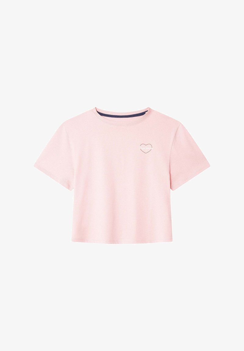 Rosa kurz geschnittenes T-Shirt aus weicher Baumwolle. Es verfügt über kurze Ärmel, einen Rundhalsausschnitt und ein kleines Herz-Detail auf der linken Brust.